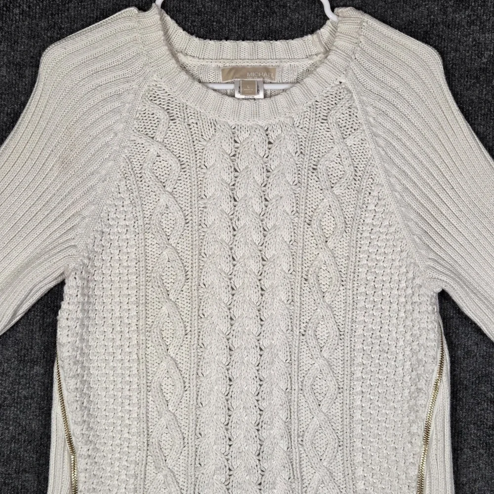 Michael Kors Cable Knit Sweater Women's Large Cream Side Zip Heavy Knit Pullover